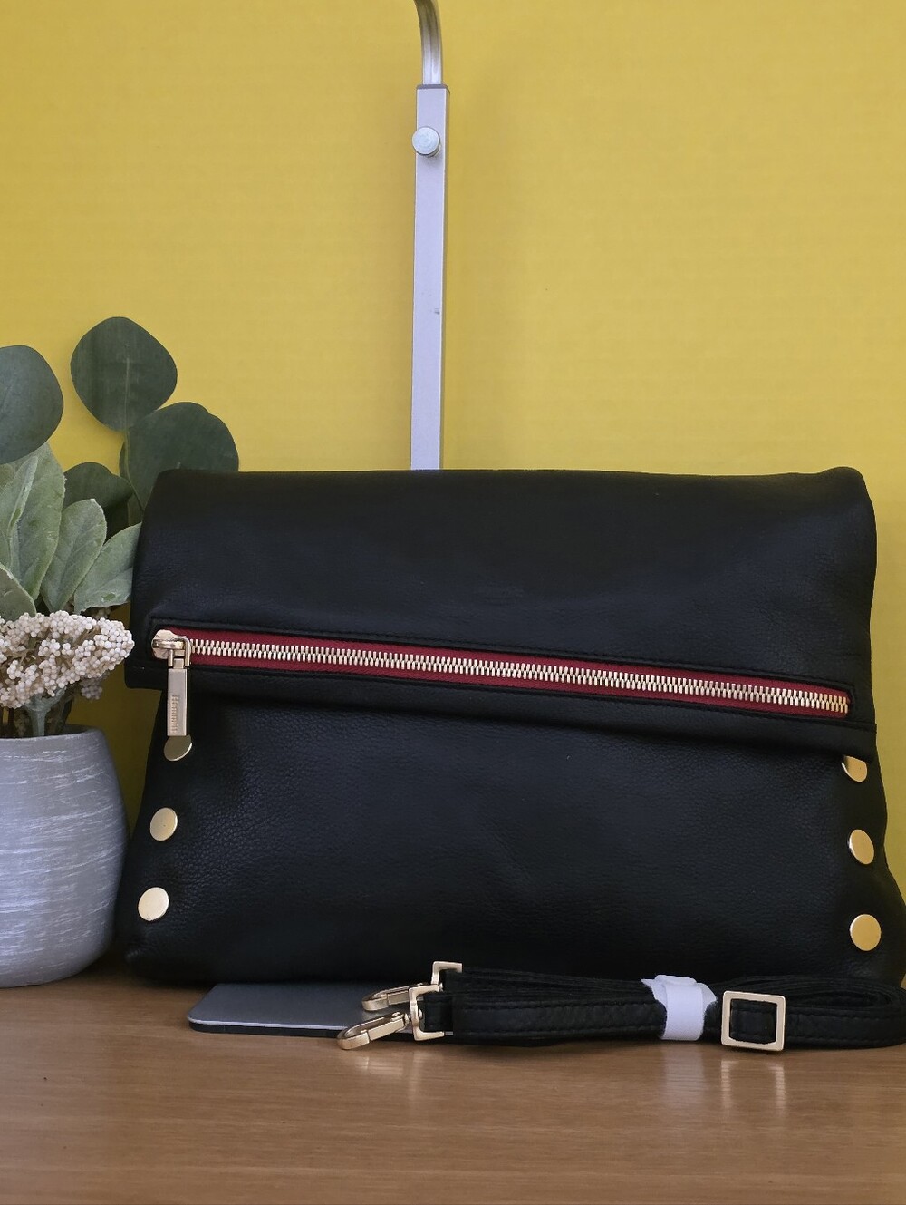 Hammitt Black Leather Large Vip Crossbody Bag with Gold Accents